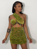 New Female Sequins Rave Outfits Hollow Out One Shoulder Mini Velvet Dress With Padded Lady Bodycon Glitter Green Dress