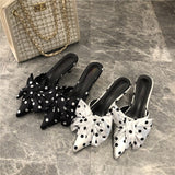 woloong New Spring Slippers Women's Korean-Style Pointed Polka Dot Bow Stiletto Mid-Heel Low Heel Slippers Polka Dot Half Slippers