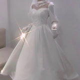 NEW Wedding Dress Tea Lenght Long Sleeves Lace High Neck Korean Style Robe De Mariage Wedding Gown Private Marriage платье белое