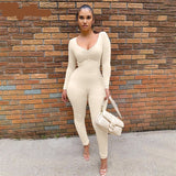 goosudu  Solid Long Sleeve V Neck Bodycon Draped Sexy Jumpsuit Summer Autumn Women Fashion Streetwear Party Club Outfits