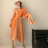 New Fashion Women V-neck Contrast Color Flare Waist Lace Up Orange Long-sleeved Dresses