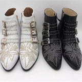 Studded Real Leather Ankle Boots Women Round Toe Rivet Flower Martin Short Boots Cowhide Thick Heel Low New Heel Women's Shoes
