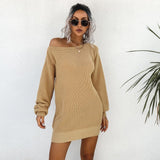 Aieru Women's Autumn and Winter New Knitted Sweater Dresses Casual Off Shoulder Lantern Sleeve Knitted Sweater Skirts Pull Femme 18045