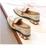 New Women Casual Shoes Pumps Spring Fashion Girl Star Embroidery Pearl Flax Chain High Heel Shoes Slip-on Loafers