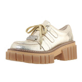 New Fashion Casual Shoes Women Pumps Genuine Leather Footwear Lace Up Gold Silver Punk Square Heel Platform Shoes Women