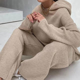 woloong  Casual Knit Hoodied With Pocket Two Piece Sets Women Solid Long Sleeve Top Wide Leg Pant Outfit Streetwear Tracksuit New