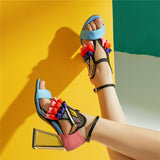 New Designer High Heel Shoes Women Summer Sandals Ruffles Bird Decor Party Heels Bling Rhinestone Chunky Heel Novelty Sandalias
