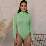 goosudu long sleeve front zipper v neck women sexy body high stretchy basic bodysuit