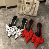 woloong New Spring Slippers Women's Korean-Style Pointed Polka Dot Bow Stiletto Mid-Heel Low Heel Slippers Polka Dot Half Slippers