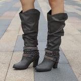New Women High Boots Punk Rivet Buckle Square Mid Heel Knee-High Boots Pu Leather Pointed Toe Female Solid Tall Shoes Botas