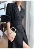 woloong Hot New Design Korean Style High Street Womens Fashion Cute Elegant Office Lady Button Notched Long Split Slit Sexy Blazer Dress