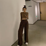 Retro Solid Color Wild Straight Wide Leg Pants Female Spring New Korean Fashion High Waist Casual Long Pants