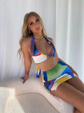 Dry Two Piece Set Women Sexy Halter Sequined Beachwear Cleavage Crop Top+Mini Skirt Suit Female платье Outfits