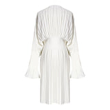 woloong Vintage Pleated Dress Women Flare Long Sleeve V Neck Dresses Female Fashion Clothes Spring Summer New