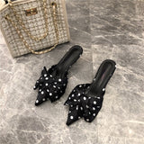 woloong New Spring Slippers Women's Korean-Style Pointed Polka Dot Bow Stiletto Mid-Heel Low Heel Slippers Polka Dot Half Slippers