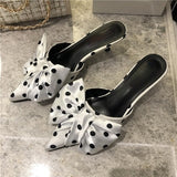 woloong New Spring Slippers Women's Korean-Style Pointed Polka Dot Bow Stiletto Mid-Heel Low Heel Slippers Polka Dot Half Slippers