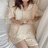 goosudu Women's Pajamas Sleepwear Cotton Lace Lapel Two Piece Sets Summer Kawaii Pyjamas Nightwear Homesuit Pijamas Print Shorts