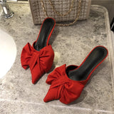 woloong New Spring Slippers Women's Korean-Style Pointed Polka Dot Bow Stiletto Mid-Heel Low Heel Slippers Polka Dot Half Slippers