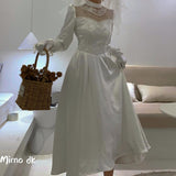 NEW Wedding Dress Tea Lenght Long Sleeves Lace High Neck Korean Style Robe De Mariage Wedding Gown Private Marriage платье белое