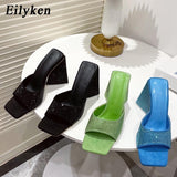 New Summer CRYSTAL Triangle Thick heel Slippers Sexy Street Woman Square toes Dress Party shoes size 35-41