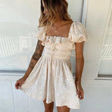 Boho dress daisy embroidery floral summer dress square neck elastic bust cotton mini women dress casual chic vestidos  NEW