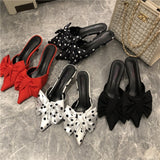 woloong New Spring Slippers Women's Korean-Style Pointed Polka Dot Bow Stiletto Mid-Heel Low Heel Slippers Polka Dot Half Slippers