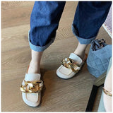 woloong  New Brand Women Slipper Fashion Chain Decor Round Toe Flats Mules Lazy Loafer Women Outdoor Slides Slip On Sandal