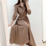 woloong New Design Japan Style Women Chic Korea Basic Wear Casual Robe Solid Cotton Blend Vintage Long Maxi Shirt Dress Belt Vestidos