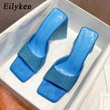 New Summer CRYSTAL Triangle Thick heel Slippers Sexy Street Woman Square toes Dress Party shoes size 35-41