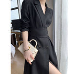 woloong Hot New Design Korean Style High Street Womens Fashion Cute Elegant Office Lady Button Notched Long Split Slit Sexy Blazer Dress