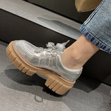New Fashion Casual Shoes Women Pumps Genuine Leather Footwear Lace Up Gold Silver Punk Square Heel Platform Shoes Women