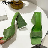 New Summer CRYSTAL Triangle Thick heel Slippers Sexy Street Woman Square toes Dress Party shoes size 35-41