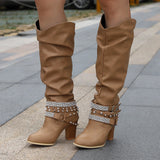New Women High Boots Punk Rivet Buckle Square Mid Heel Knee-High Boots Pu Leather Pointed Toe Female Solid Tall Shoes Botas