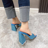 New Summer CRYSTAL Triangle Thick heel Slippers Sexy Street Woman Square toes Dress Party shoes size 35-41