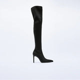 goosudu High Heel Over Knee Boots For Women Winter New Brand Ladies Black Elastic Satin Pointy Side Zip Slim Heel Stiletto Boots