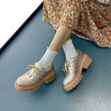 New Fashion Casual Shoes Women Pumps Genuine Leather Footwear Lace Up Gold Silver Punk Square Heel Platform Shoes Women