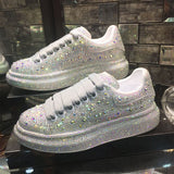 woloong  New Fashion Women Shoes Luxury Sports Shoes Women Designers Leather Shoes Silver Rhinestone Crystal Sneakers Tide