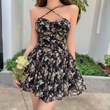 woloong French Floral Sling Dress Women Chic Backless Summer Sexy Mini Dress Beach Spaghetti Strap Dress Sundress New  Female  Robe