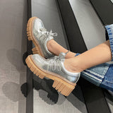 New Fashion Casual Shoes Women Pumps Genuine Leather Footwear Lace Up Gold Silver Punk Square Heel Platform Shoes Women