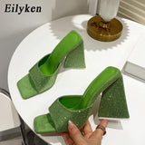 New Summer CRYSTAL Triangle Thick heel Slippers Sexy Street Woman Square toes Dress Party shoes size 35-41