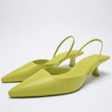 woloong Summer New Women's Sandals Closed Toe Green Single Shoes With Thin Heel Mid-heeled Fashion Hollow Pointed Toe Women Shoes