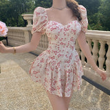 Short Sleeve Floral Dress Mini Sexy Women  Puff Sleeve Dress Vintage Slim French Square Collar New Summer Femme Clothes