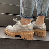 New Fashion Casual Shoes Women Pumps Genuine Leather Footwear Lace Up Gold Silver Punk Square Heel Platform Shoes Women