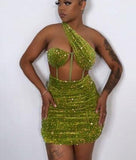 New Female Sequins Rave Outfits Hollow Out One Shoulder Mini Velvet Dress With Padded Lady Bodycon Glitter Green Dress