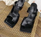 woloong New Popular Personality Clip Toe Square Head Leather Women Slippers Fashion Stiletto Heels Elegant Dress Shoes