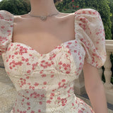 Short Sleeve Floral Dress Mini Sexy Women  Puff Sleeve Dress Vintage Slim French Square Collar New Summer Femme Clothes