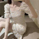 woloong Summer Dress New Retro Lace Daisy Embroidery Two Piece Mini Sexy Party Women Dresses Square Neck Vestidos