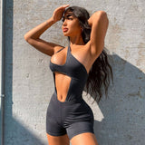 goosudu  Solid Ribbed Women 2 Pieces Sleeveless One Shoulder Hollow Out Bodysuit Biker Shorts Set Skinny Tracksuit Summer