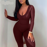 goosudu  Solid Long Sleeve V Neck Bodycon Draped Sexy Jumpsuit Summer Autumn Women Fashion Streetwear Party Club Outfits