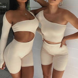 Summer Autumn Women Sexy Fitness Jumpsuit One Shoulder Skinny Bodycon Solid Sport Romper Playsuit